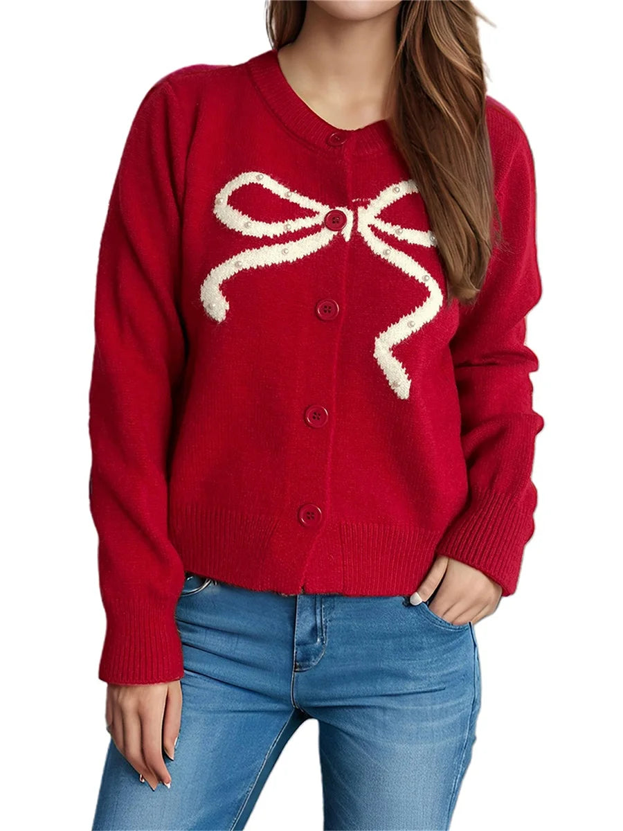 Elegant O-Neck Cardigans with Bow Embroidery and Puff Sleeves Stylish Lightweight Knitwear for Chic Street Style