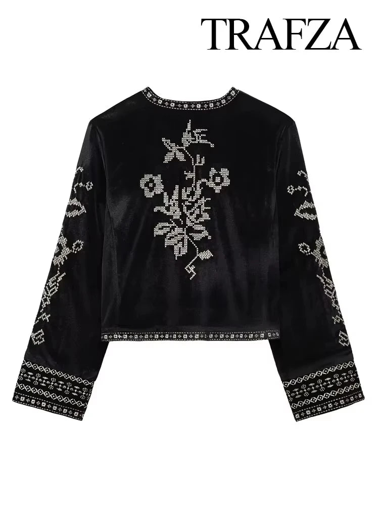 Women's Vintage Velvet Embroidered Jackets For Casual Long Sleeves Hidden Button Round Neck Elegant Outerwear