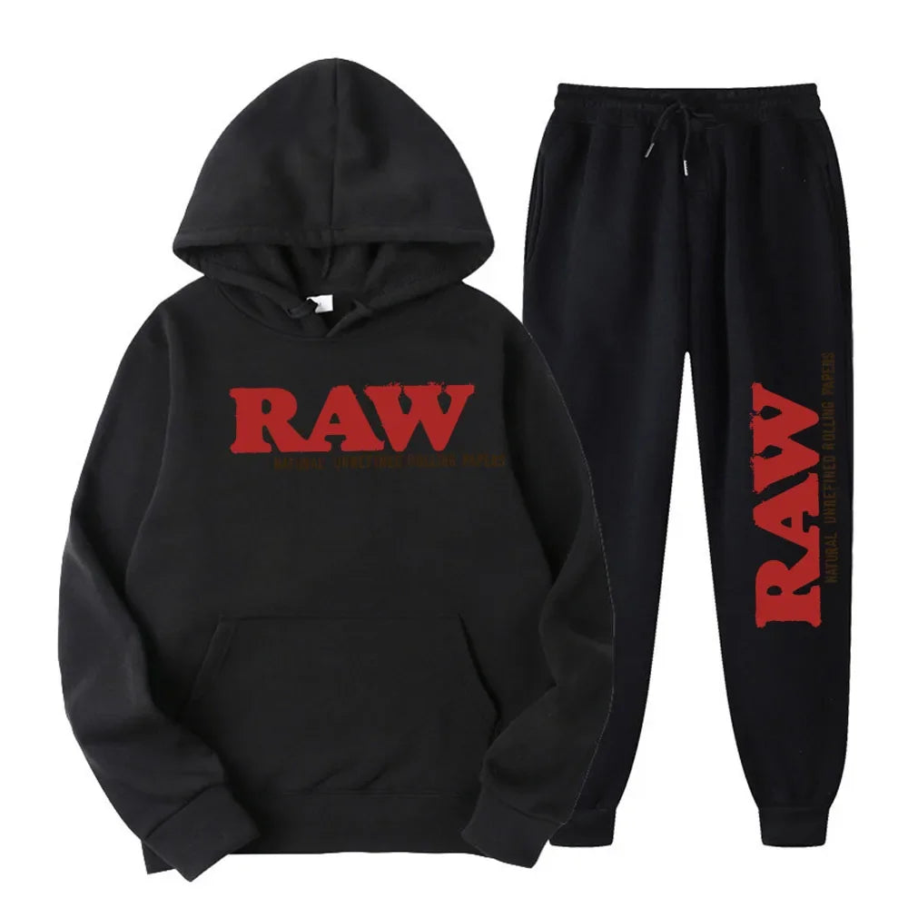 Men's Set RAW  Running Hoodie Sweatpants Men's Set 2PK Autumn Winter Casual Woolen Sportswear