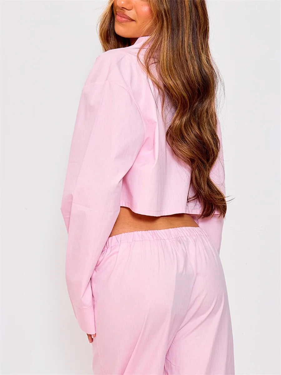 Elegant Women s Pajama Set with Lapel Neckline Button-up Crop Top Long Sleeve and Matching Long Pants