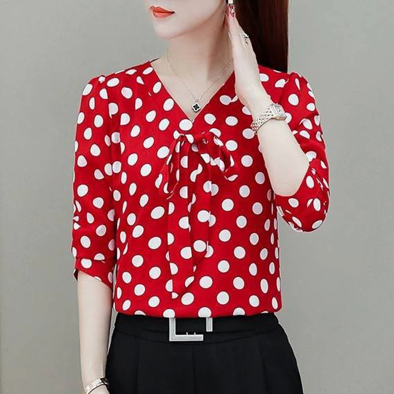 Bow Dot Print Elegant Blouse Spring Autumn