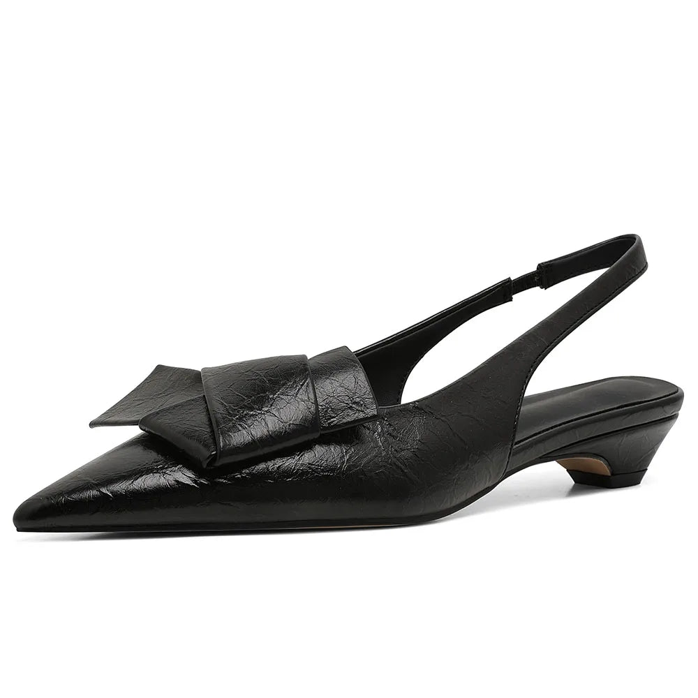 Kitten Low Heels Bownkot Pointy Toe Leisure Sandals Pleated Slip-on Back Strap Flats
