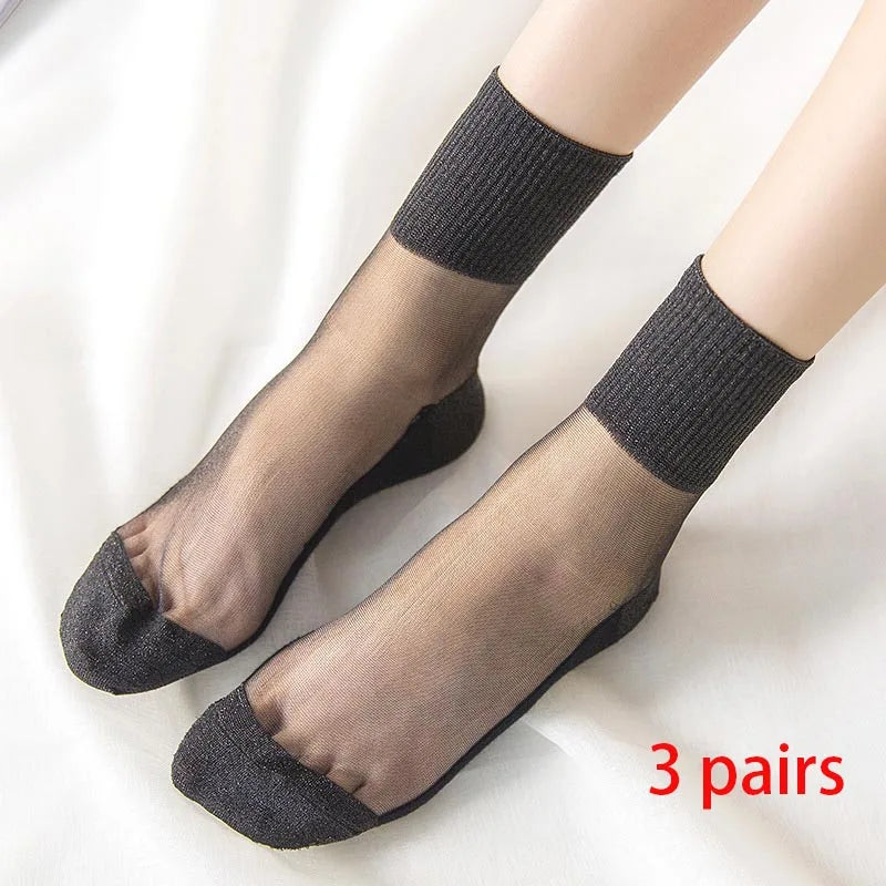 3 Pairs Spring Summer Women's Ultrathin Transparent Socks Glitter Crystal Glass Silk Socks Soft Lace Shiny Elastic Short Socks