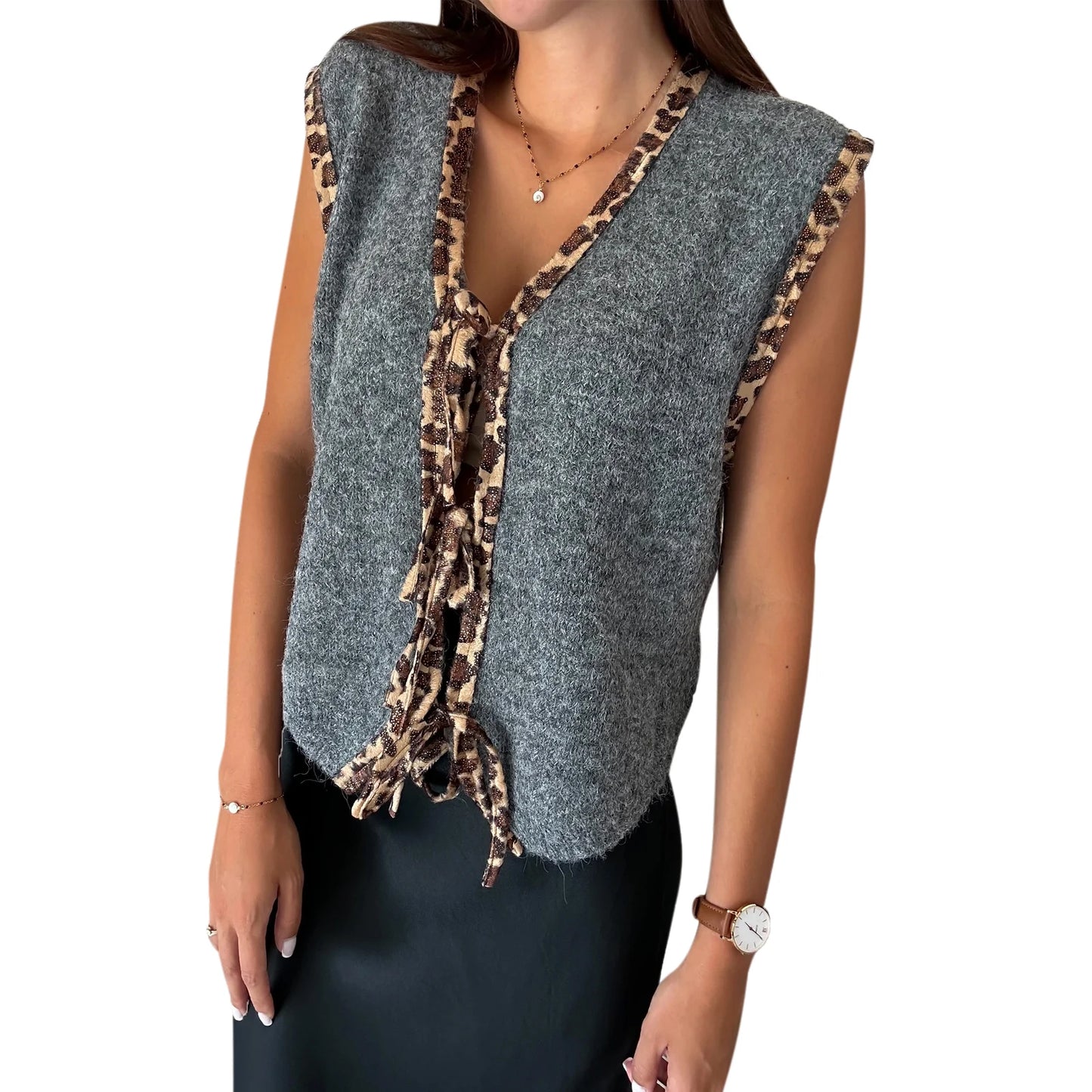 Women s Sleeveless Knit Sweater Vest with V Neckline and Leopard Print Patchwork Casual Tie-up  for a Stylish Look