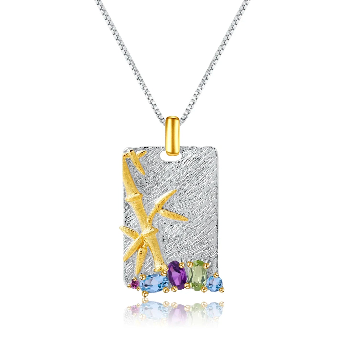 Natural Topaz Amethyst Peridot Fine Jewelry 925 Sterling Silver Handmade Bamboo Pendant Necklace