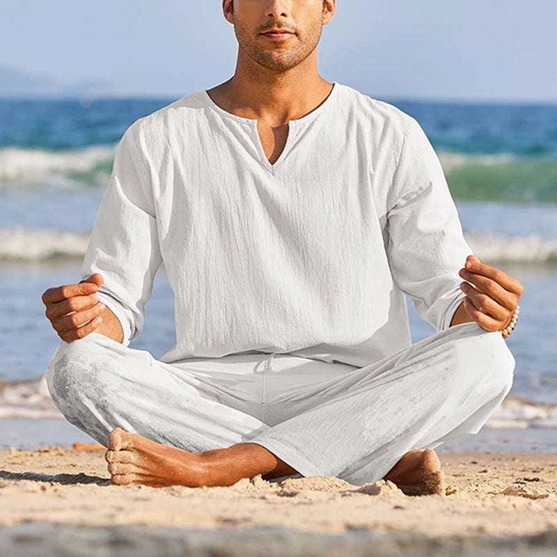 Men's Summer Cotton Linen Clothes Solid Color Long Sleeve Henley Shirt Elastic Waist Drawstring Pants 2 Pieces Loungewear Set