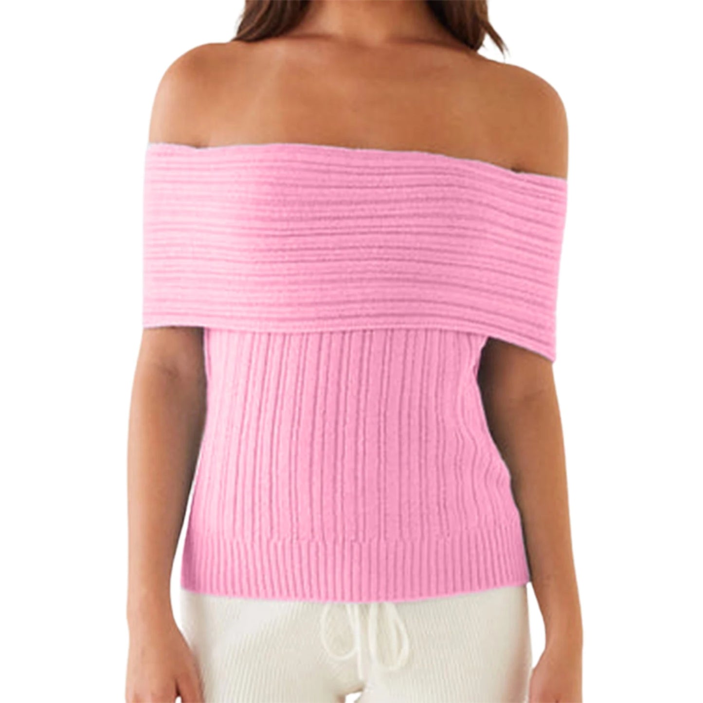 Women s Ribbed Off Shoulder Crop Top with Boat Neck and Sleeveless Design  Fit Knitted T-Shirt Perfect for Spring and Summer