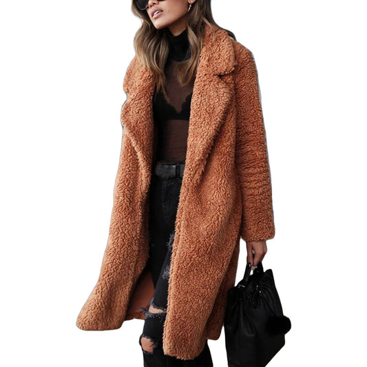 Stylish Solid Color Coat with Long Sleeves and Folded Collar Trendy Outerwear