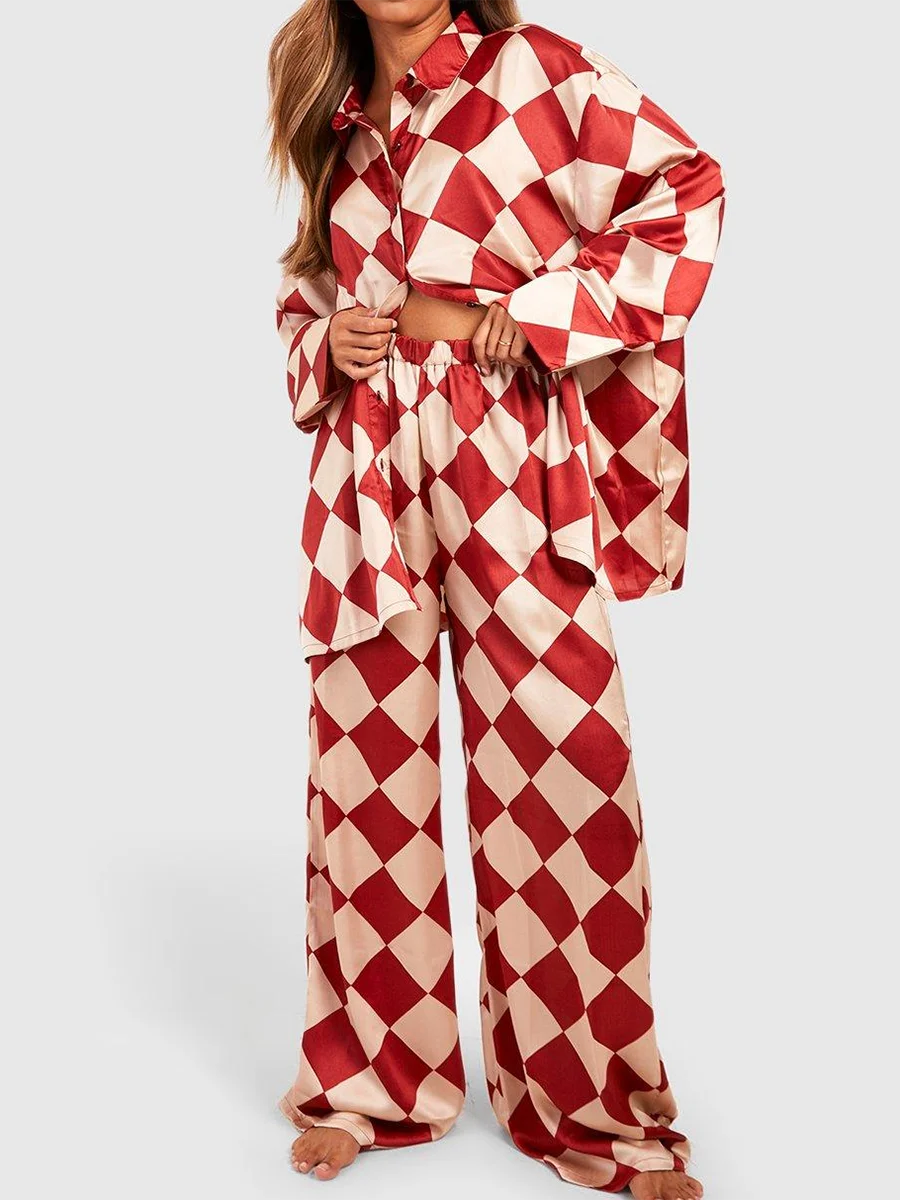 Checkered Print Loungewear Set Short Sleeve V-Neck Button Up Tops Cropped Pants Cozy Sleepwear Ensemble