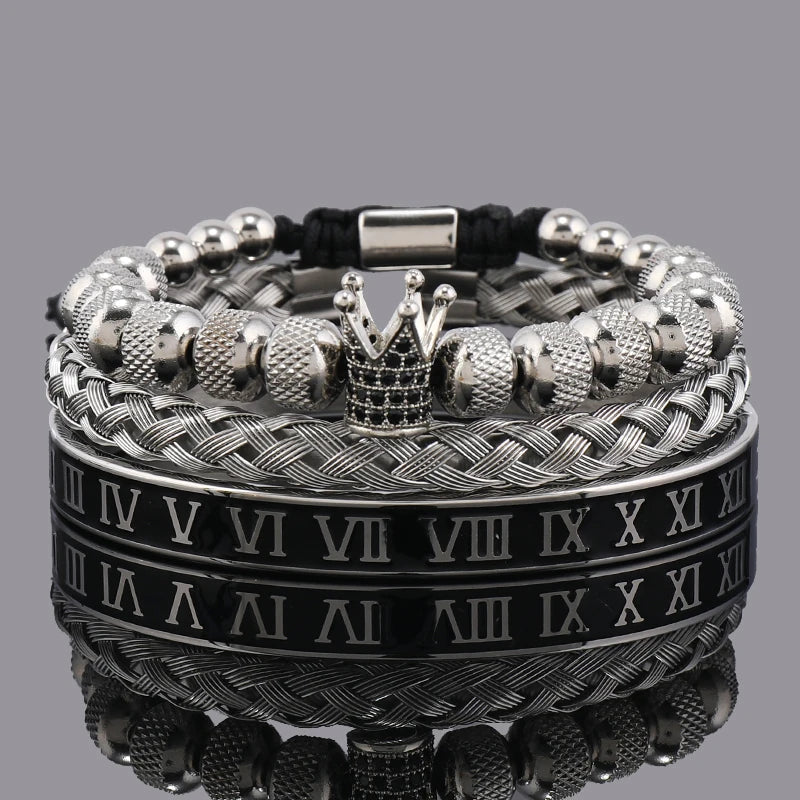 Luxury Set Crown Charms Man Bracelet Roman Stainless Steel Women Bangles Hand Jewelry