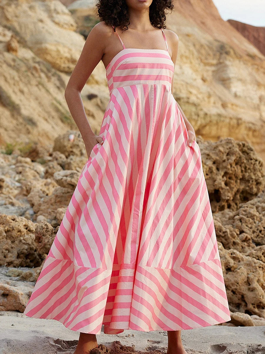 V-Neck Maxi Dress Boho Floral Print Sleeveless Flowy A-Line Beach Party Dress with Pockets