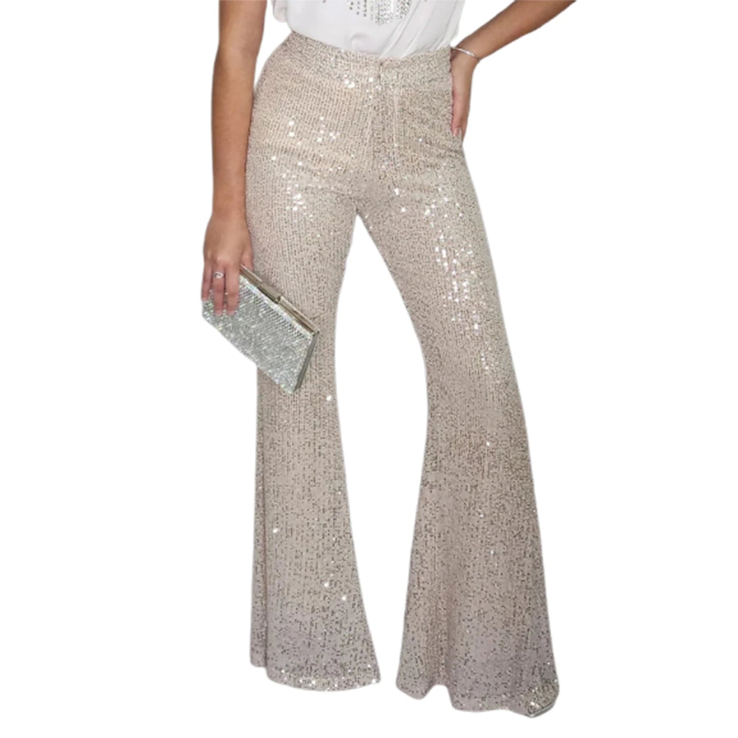 Women Sequin Embellished High Waist Flare Pants  Long Trousers