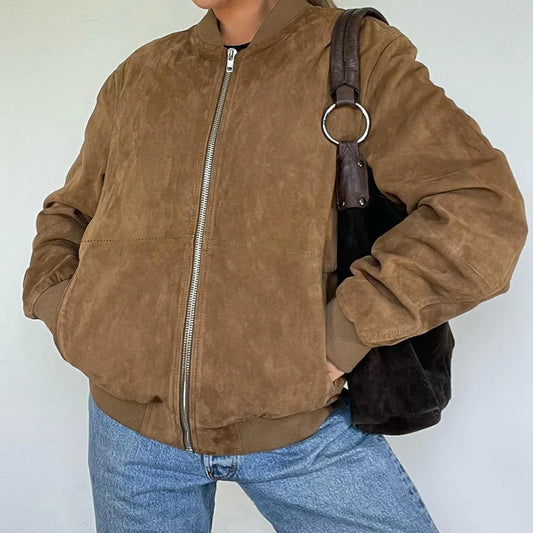 Vintage Chocolate Leather  Jacket  Chic Zipper Long Sleeve Pocket Short Coat