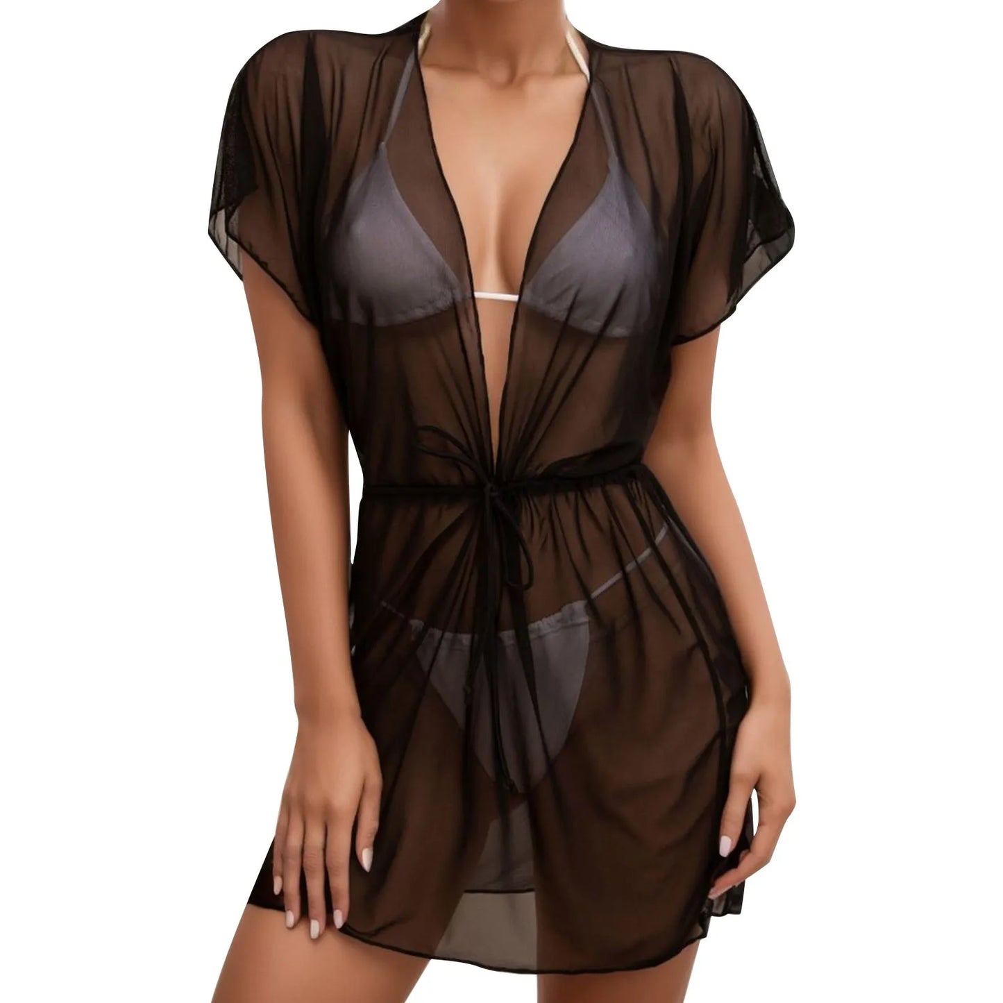 V-neck Mesh Tie Up Women Swimsuit Cover Up Drawstring Beach Tunic Dress