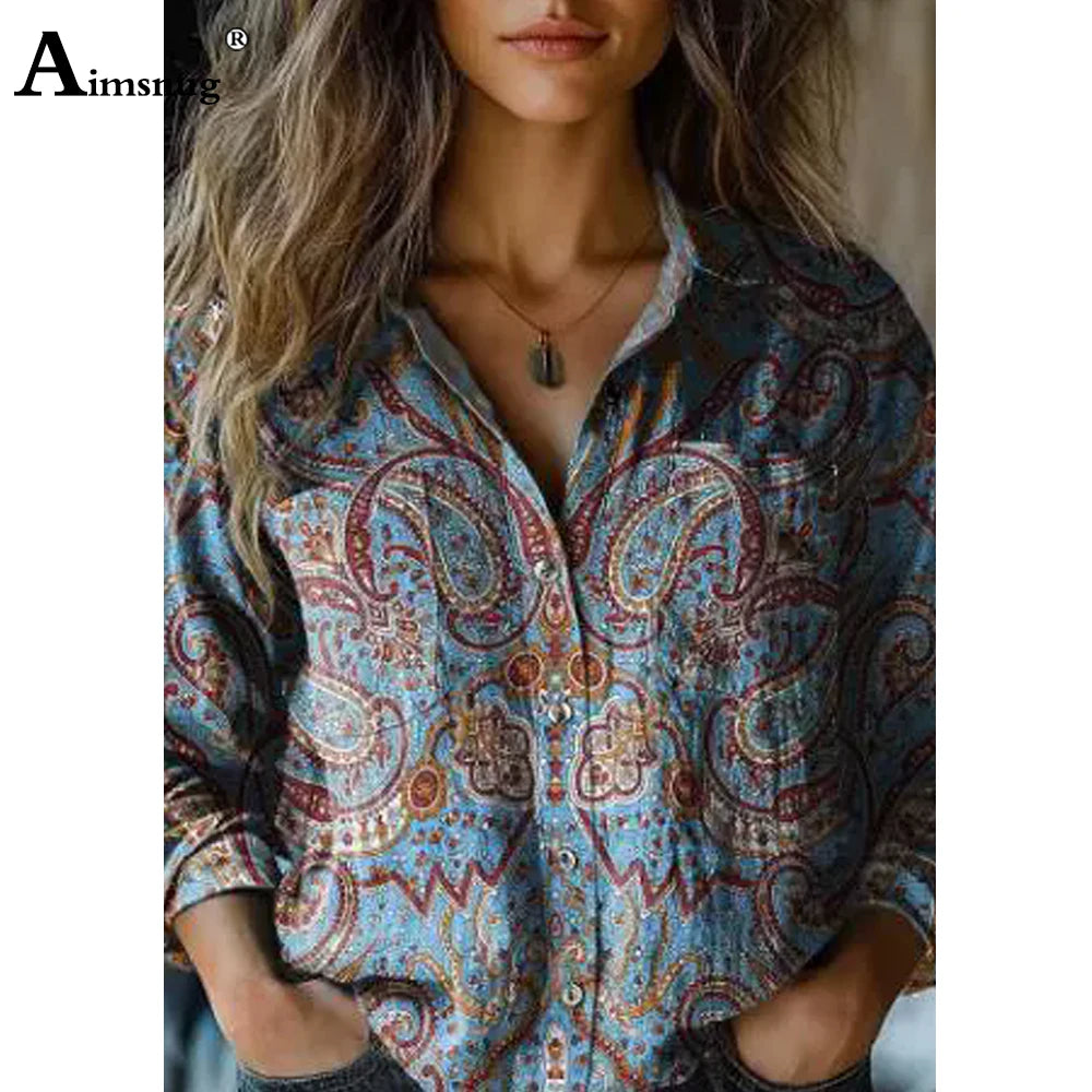 European Style  Women Long Sleeve Basic Shirts New Casual Beach Tops Blouse Ladies Bohemian Flower Print shirt