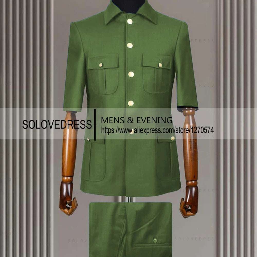 2 Piece Lapel  Short Sleeves with 4 Real Pockets Single Breasted Slim Fit Summer Suits