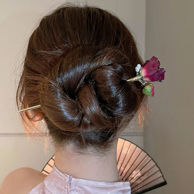 Vintage Rose Pearl Hair sticks for Women  Chinese Style Hairpin Fashion Hairpin Hair Charms Flower Hair Accessories