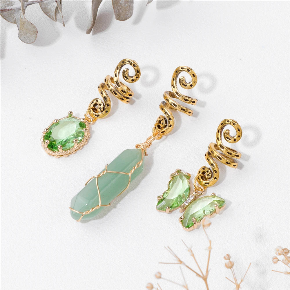 3pcs/set Crystal Hair Jewelry For Women Hexagonal Column Butterfly Charm Dreadlock Headwear Dangle Dreadlock Hair Accessories