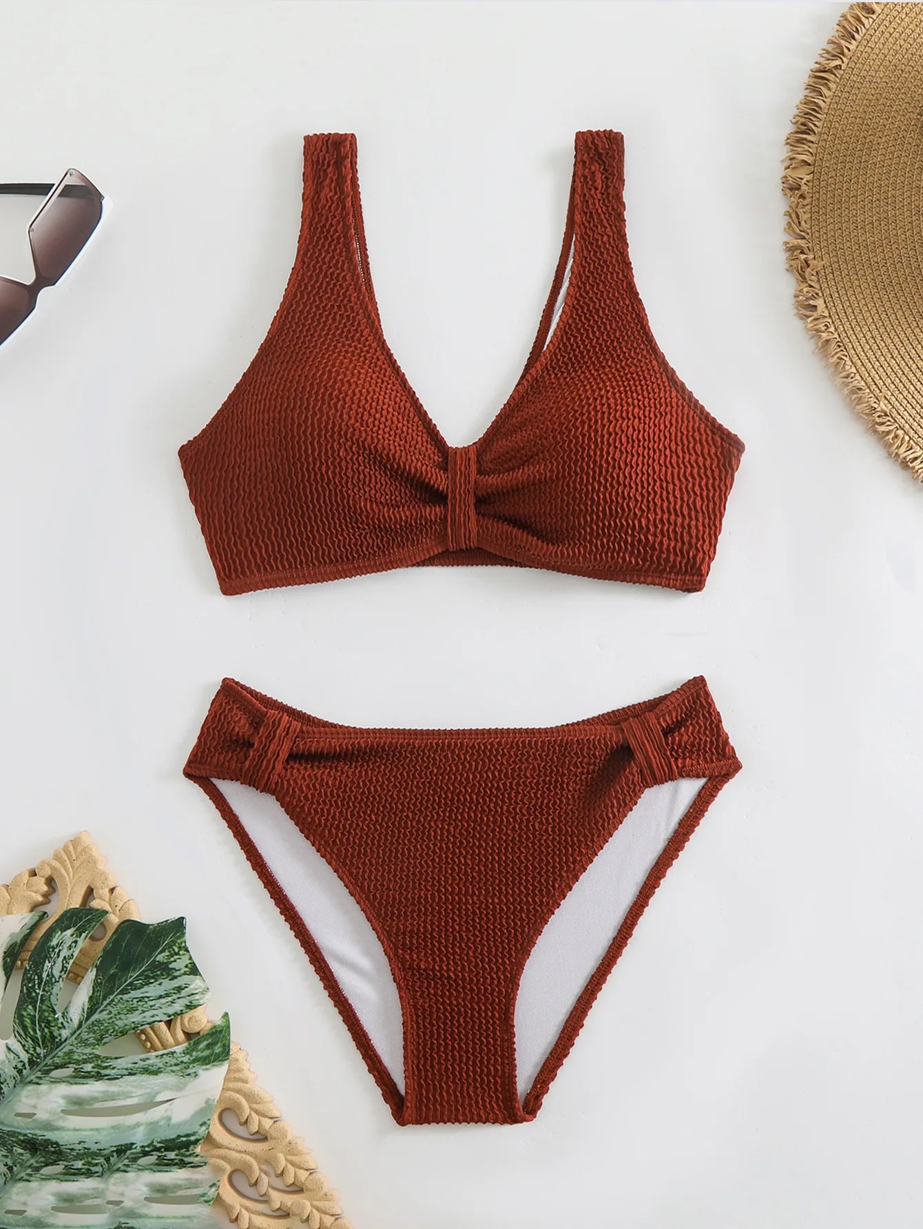 Summer Women's 2 Piece Swimsuit Solid Color High Waist Bikini Set V-neck Backless Beach Vacation Bathing Suit Swimwear