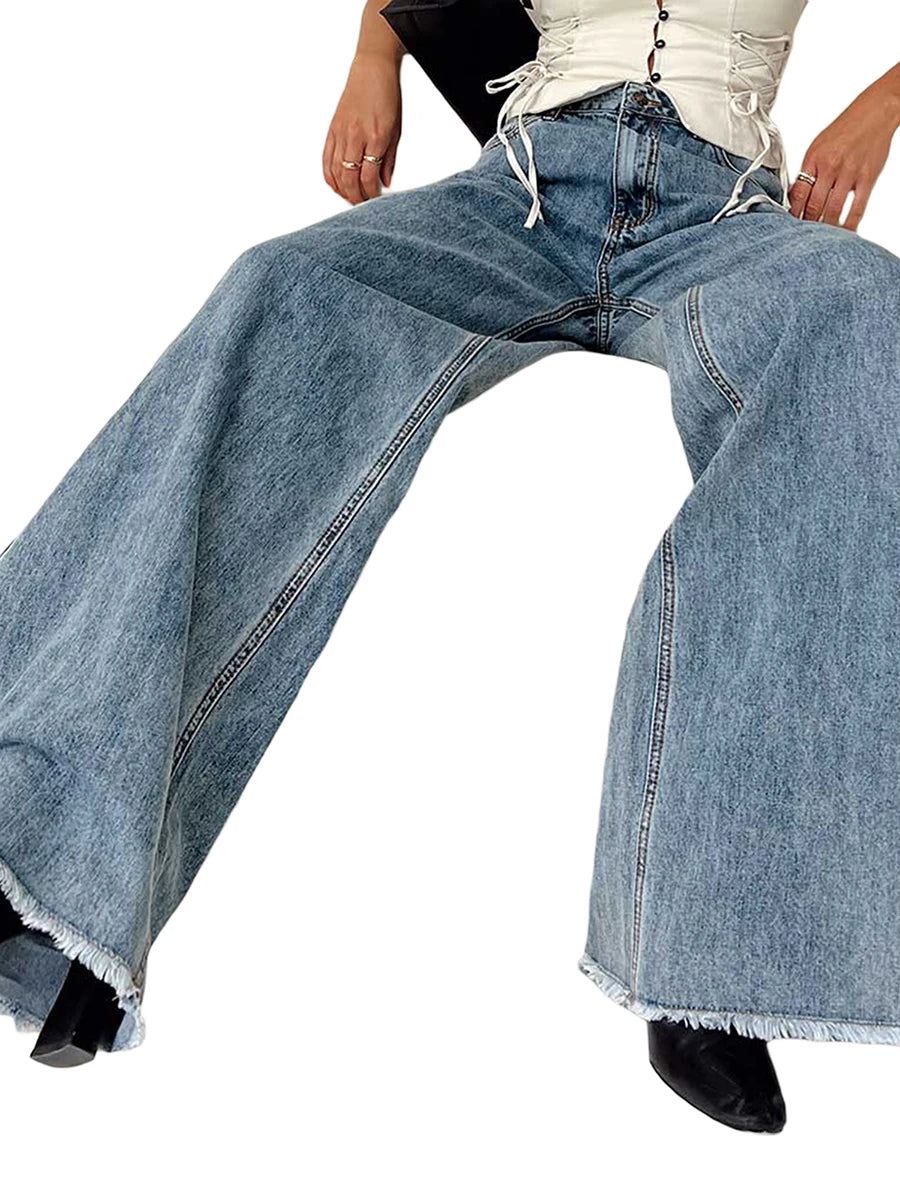 Women Wide Leg Jeans Trousers Solid Color Button Fly Casual Loose Pants for Work Office Streetwear