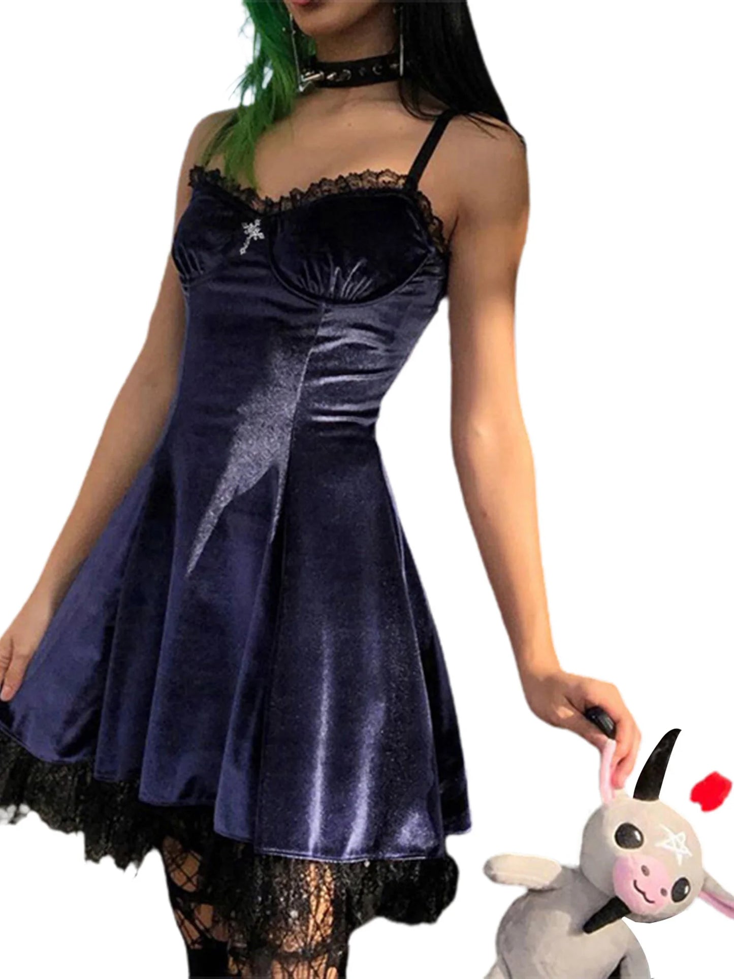 Velvet  Dress with Ruffles and Lace Trim  Spaghetti Strap V-Neck Gown with Bow Detail