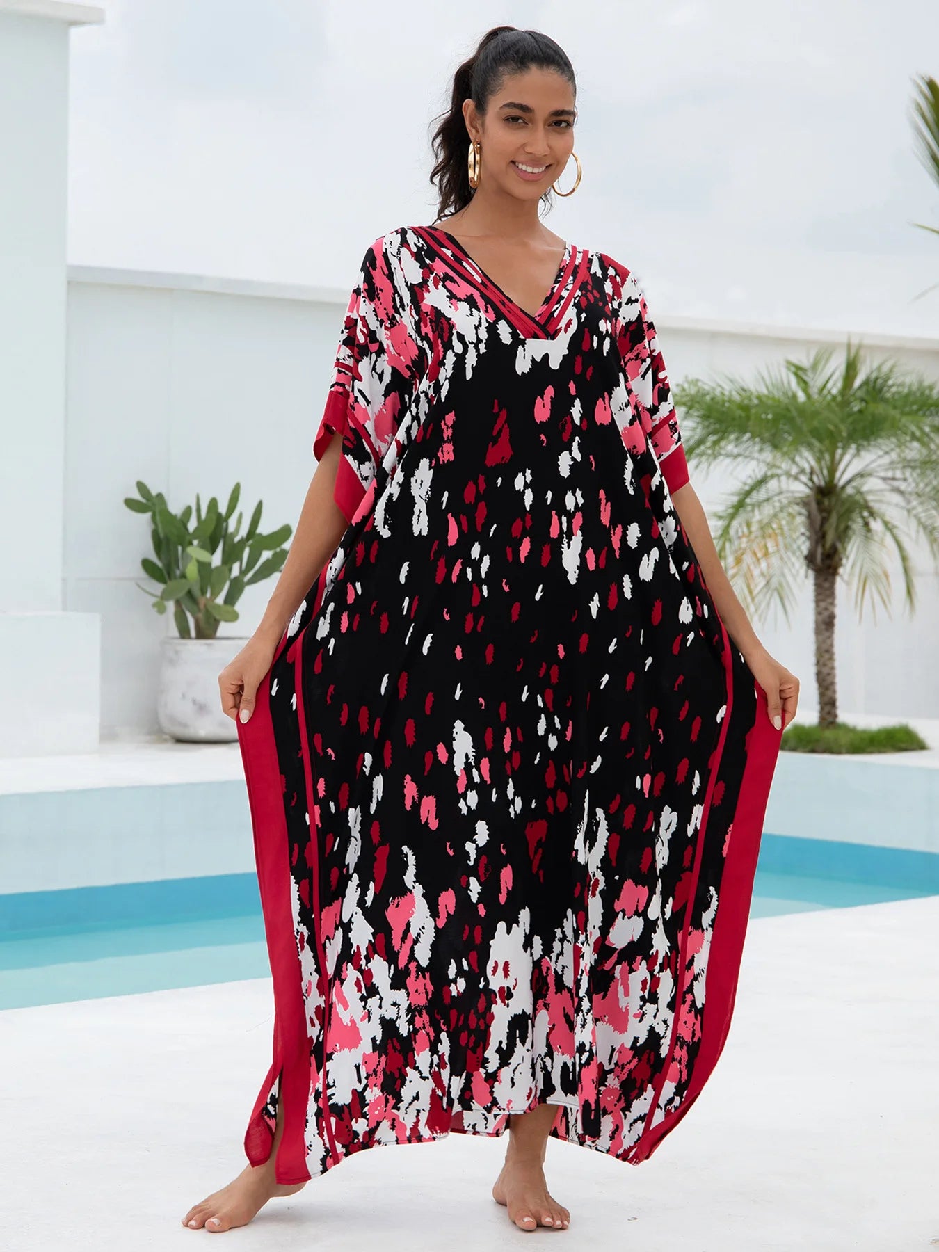 Black Red Print Women  Loose Fitting Long Robe Beach Vacation V-neck Sunscreen Clothing Kaftan