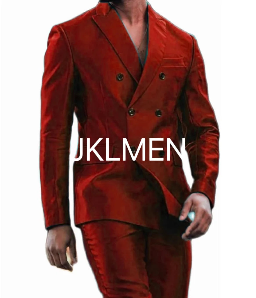 Latest Design Shiny  Jacket Pants Double Breasted Peak Lapel Men Suits Tuxedo Groom Wedding Prom Party