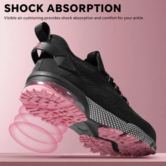 Safety Shoes for Women, Lightweight Non Slip Work Shoes, Air Cushion Safety Sneakers for Work and Daily Wear Black/Pink
