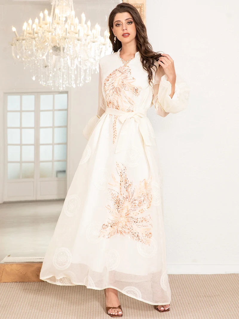 Elegant High Neck Dress with Polka Dot Jacquard Embroidery & Lantern Sleeves