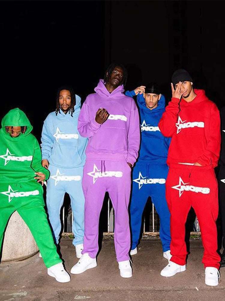 Trendy Kangaroo Pocket Hoodie And Sweatpants 2 Piece Set For Man Casual Letter Printed Outfits  Elastic Waist Pants Suit