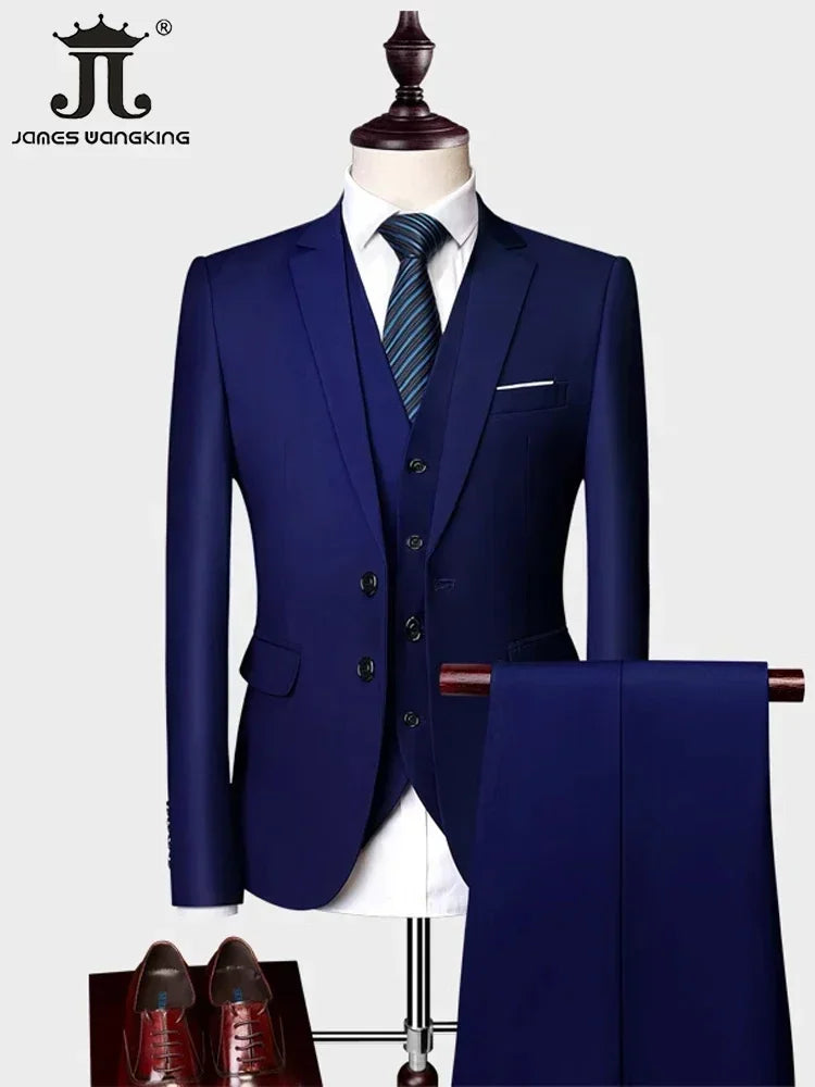 ( Jacket +Vest+ Pants ) Luxury Men's High-end Brand Solid Color Business Office Suit 3Pcs & 2Pcs Groom Wedding Party Suit Tuxedo