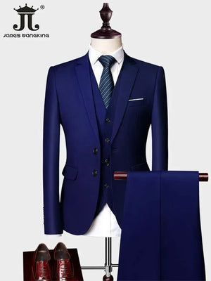 ( Jacket +Vest+ Pants ) Luxury Men's High-end Brand Solid Color Business Office Suit 3Pcs & 2Pcs Groom Wedding Party Suit Tuxedo