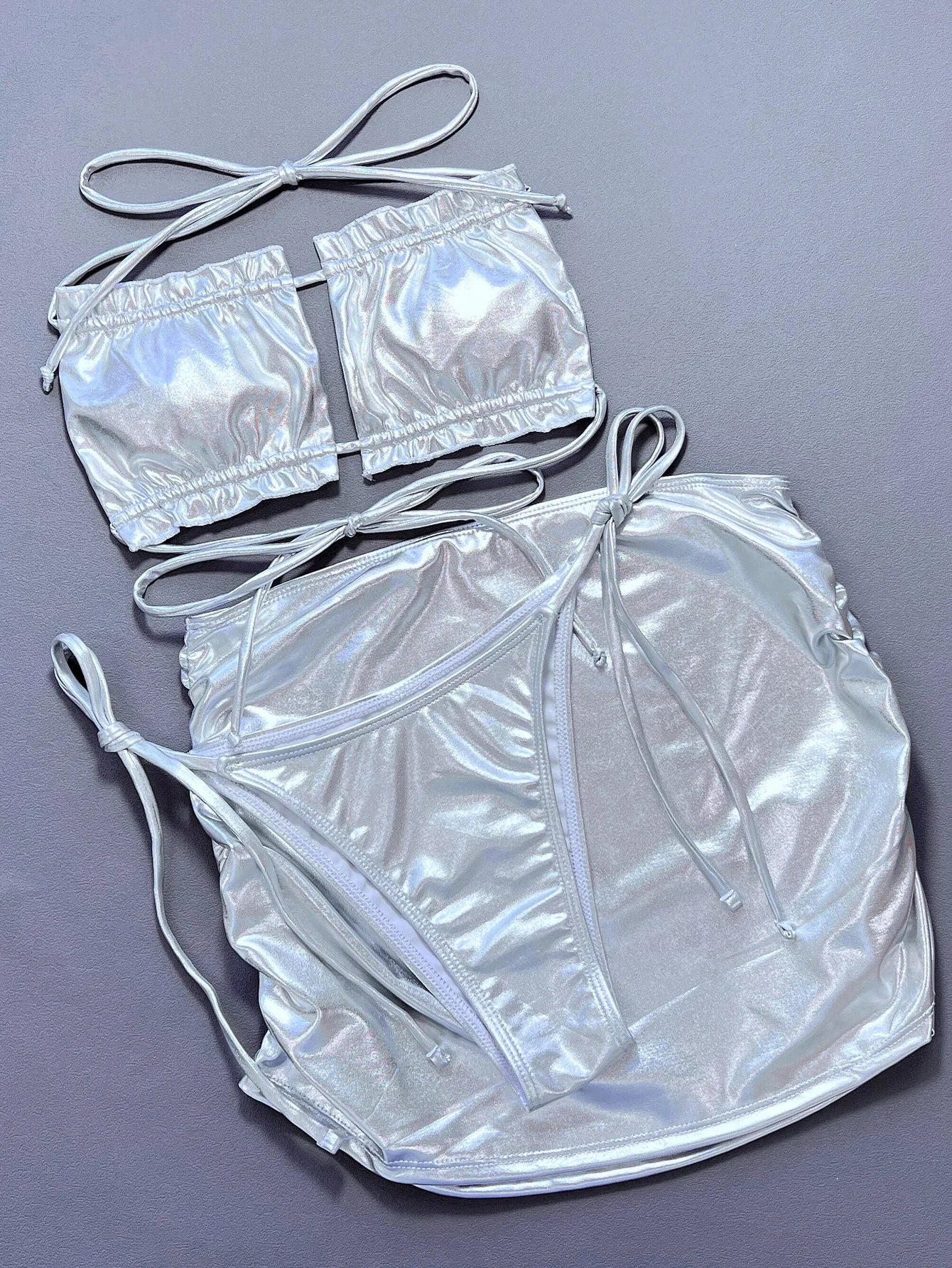 Silvery Shiny 3 Piece Swimsuit for Women High Waist Skirt Bikini Strapless Hollow Out Backless Ruffle Bathing Suit