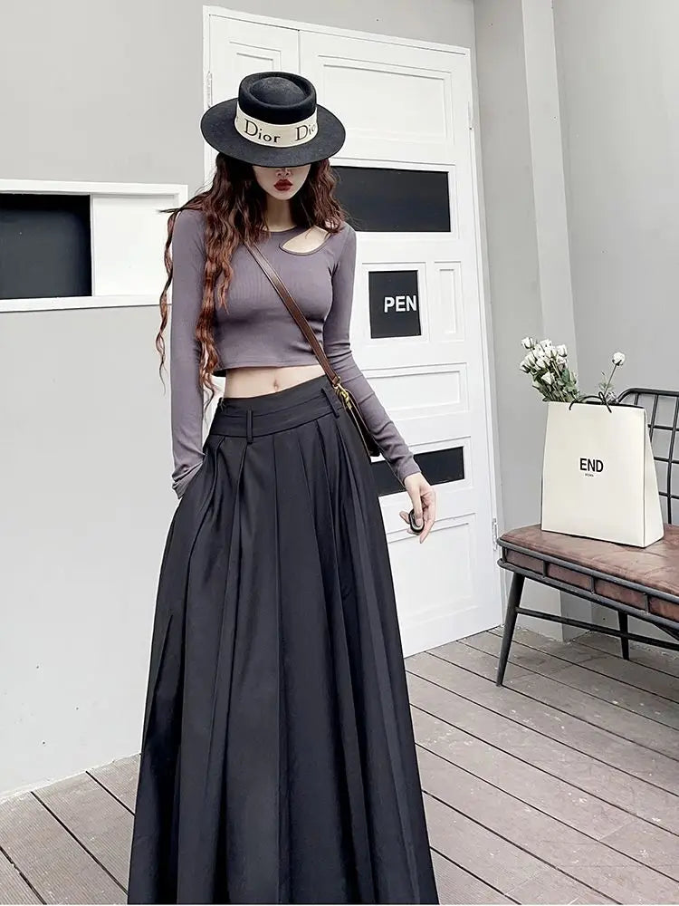 A Pleated  Large Hem  Retro Low Waisted Casual  Ankle Length Skirt