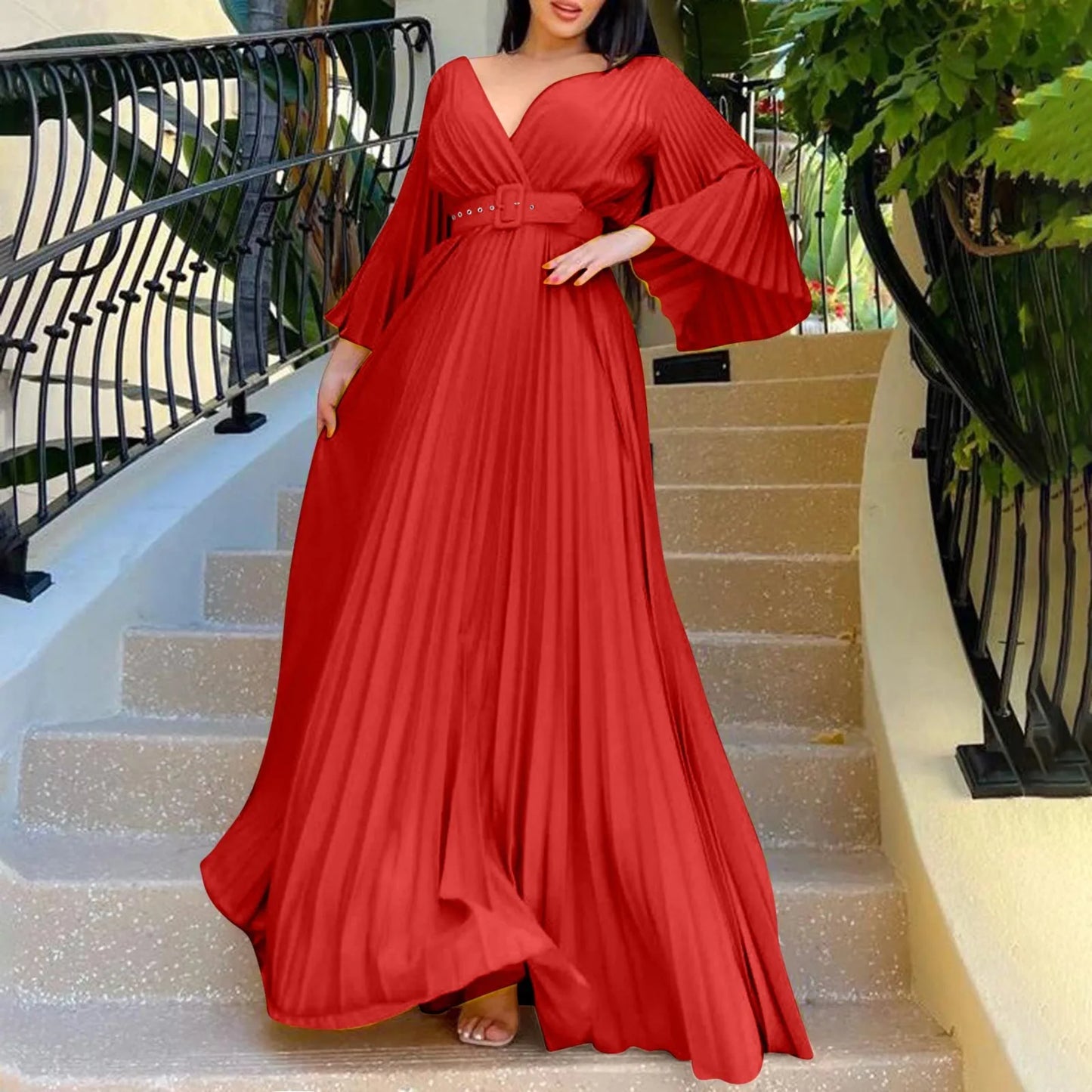 Women's Elegant Evening Dress Deep V Neck Flare Sleeve Pleated Prom Dress With Belt Formal Dresses For Women