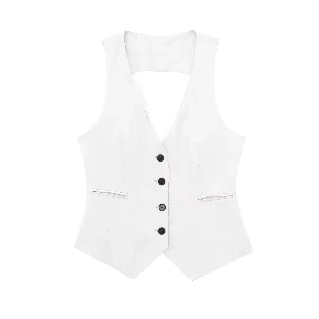 Fashion Women's Vest Linen Sleeveless Suit Vest for Women  Female Black White Suit Vest Top