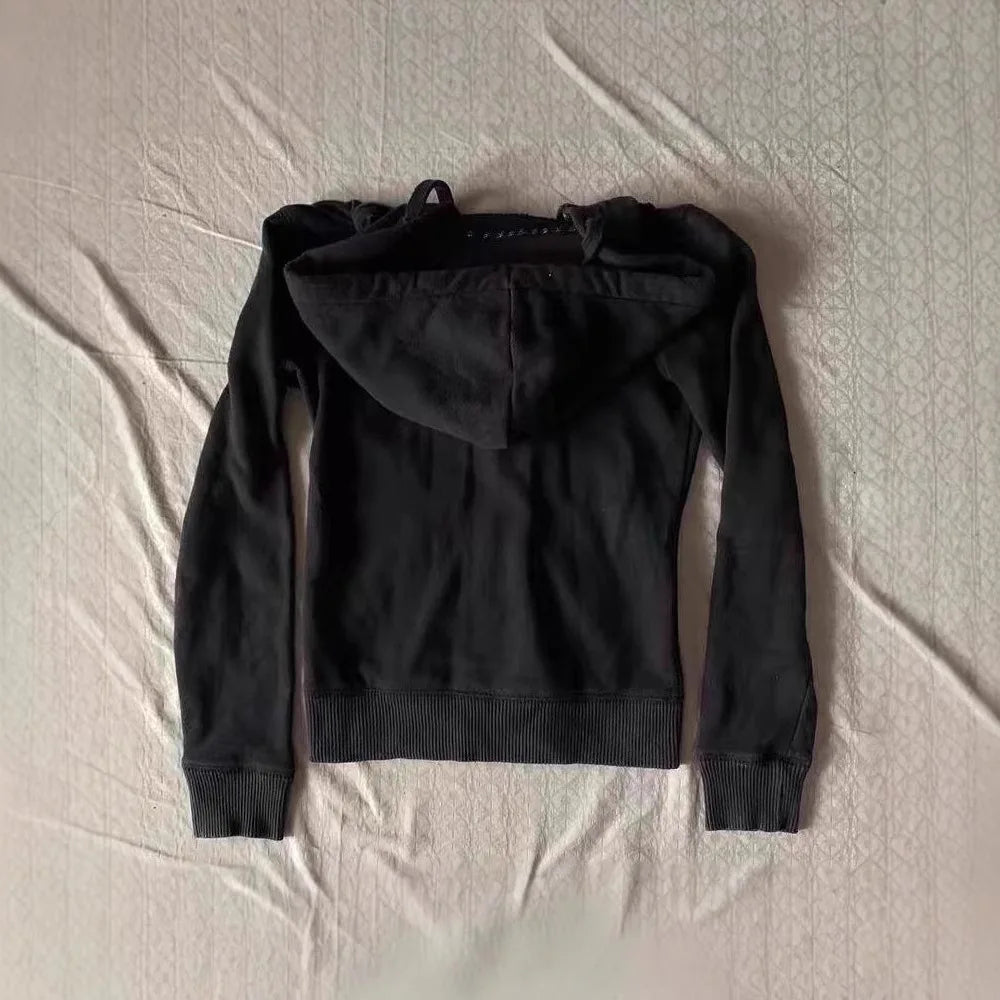 Retro Jacket Retro Design Black Hoodie Women's Casual Hoodie Multifunctional Sweatshirt