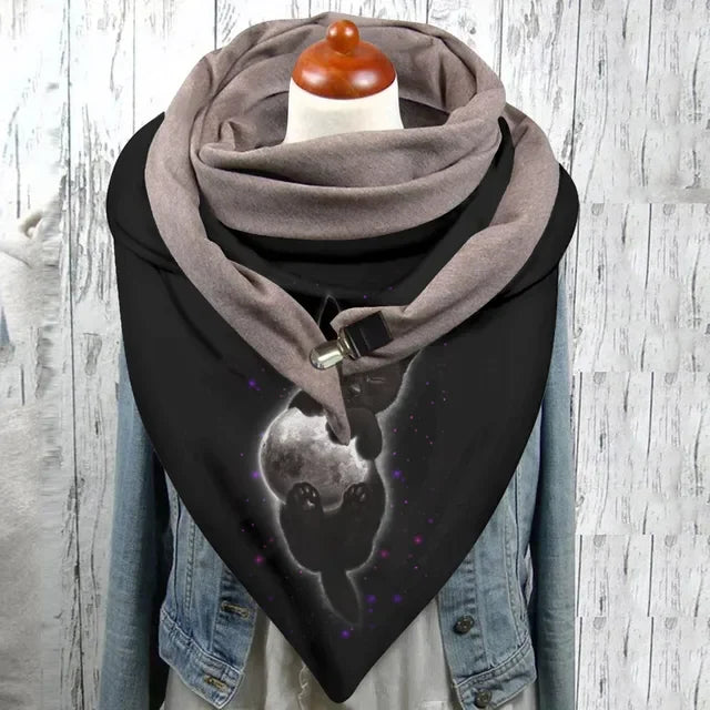 Winter Women's Floral Print Thick Warm Scarf – Windproof Double-Layer Buttoned Wrap