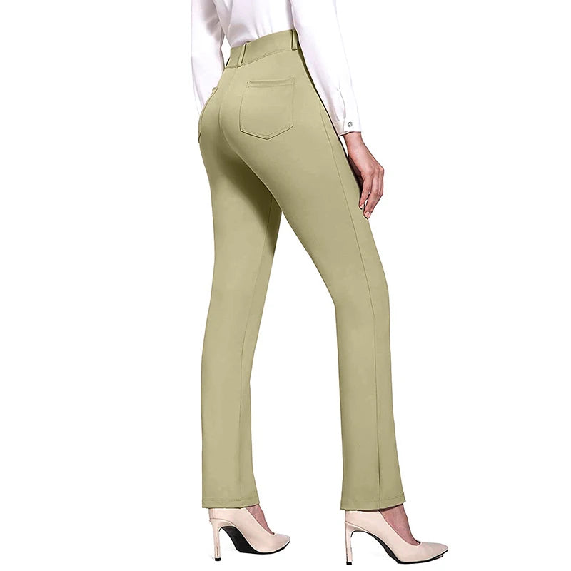 High Waist Slim Leg Pants Solid Color Elastic Flared Trousers with Pockets  Casual