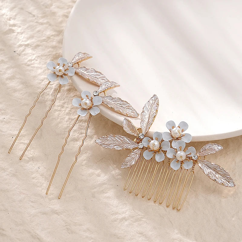 Luxury Pearls Flower Hair Comb Hair Pins Clips Set Cute Hair Fork Headpieces for Women Jewelry Gift Hair Accessory