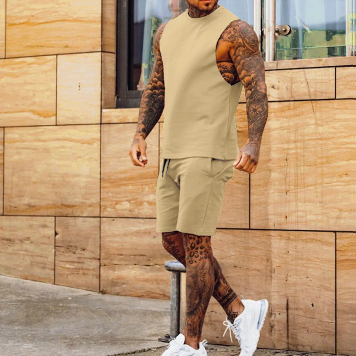 Sportswear Men's Casual Thin Five Quarter Pants Sleeveless Top Solid Color Camelback Shorts Two-piece Set
