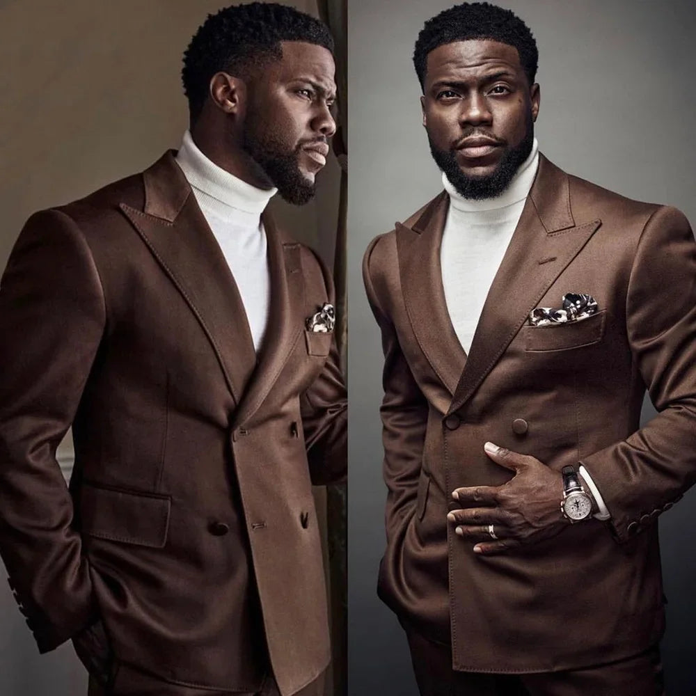 Latest Design Houndstooth Jacket Men‘s Suit Set Brown Pant Peaked Lapel Double Breasted Blazer