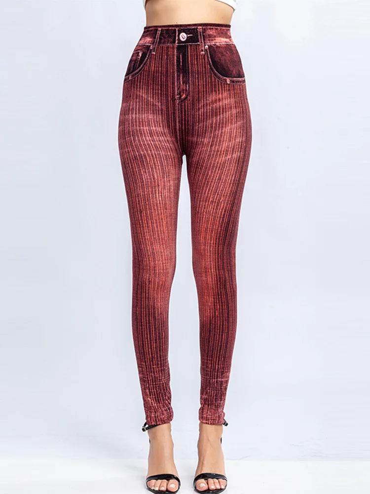 Leggings High Waist Elastic Butterfly Printed Pencil Pants Faux Denim Leggings