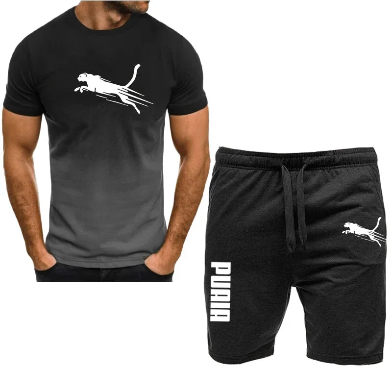 Men's sports set, casual T-shirt set and running shorts, breathable, 2 pieces