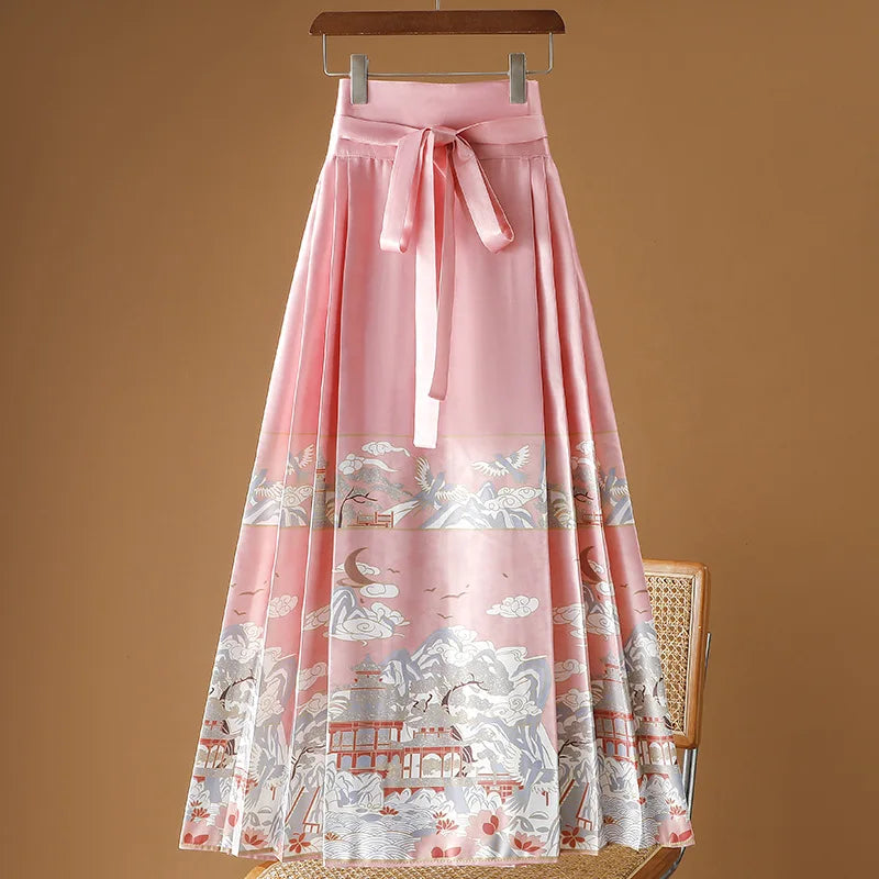 Vintage Maxi Chinese Style Horse Face Skirts  Pleated