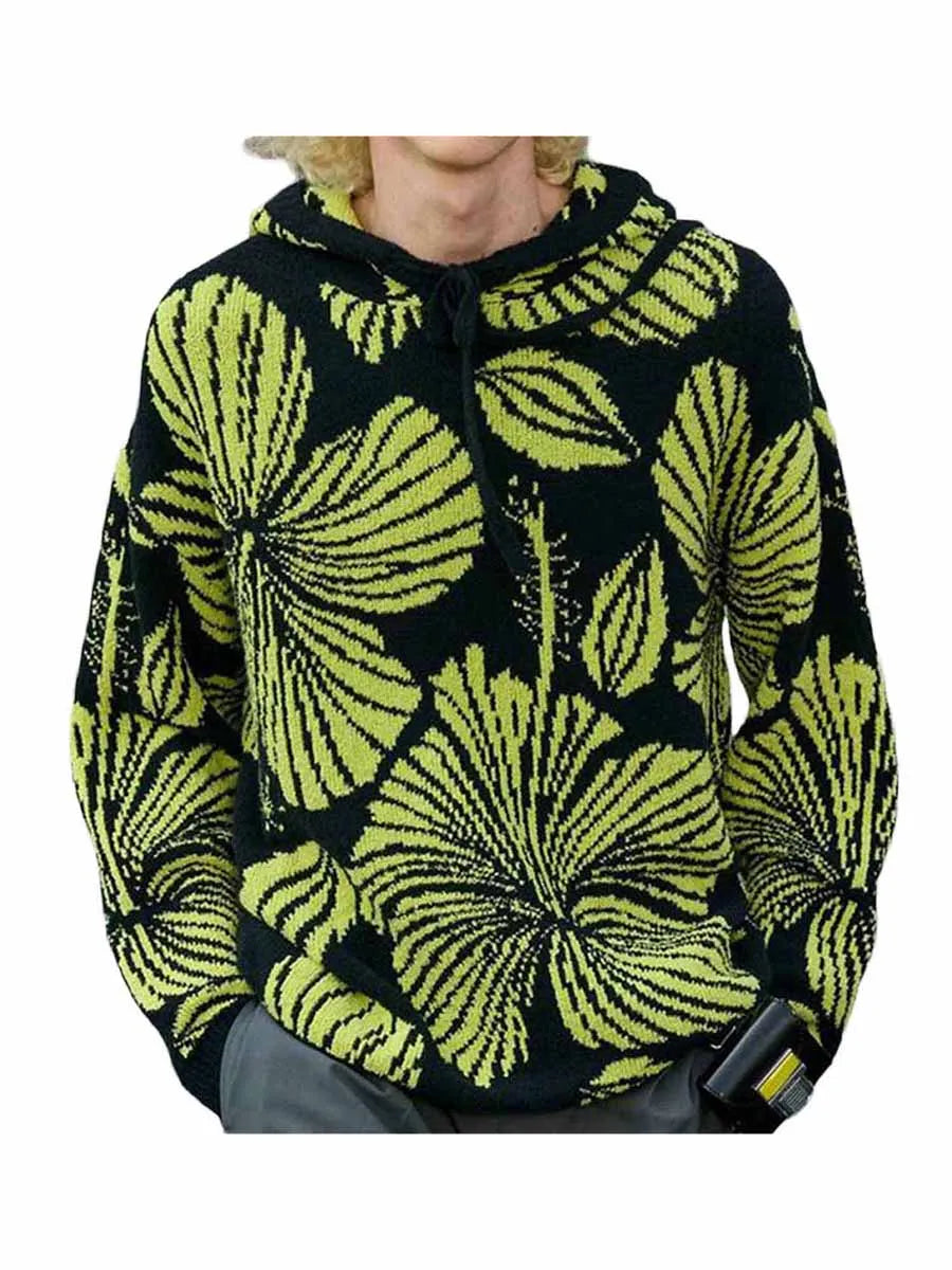 Leaf Print Knitted Hoodie with Long Sleeves and Hooded Design Perfect for Casual Streetwear in Winter and Fall Seasons