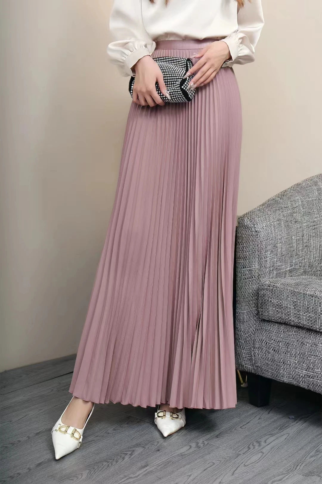 Elegant Pleated Skirt High Waist Women's Long Skirt Ladies High Quality Midi Skirt