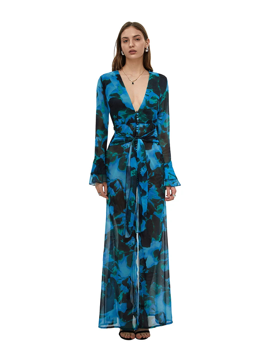 Women s Sunscreen Smock Dress Long Sleeve V Neck Print Split Waist Belt Pool Beach Dress