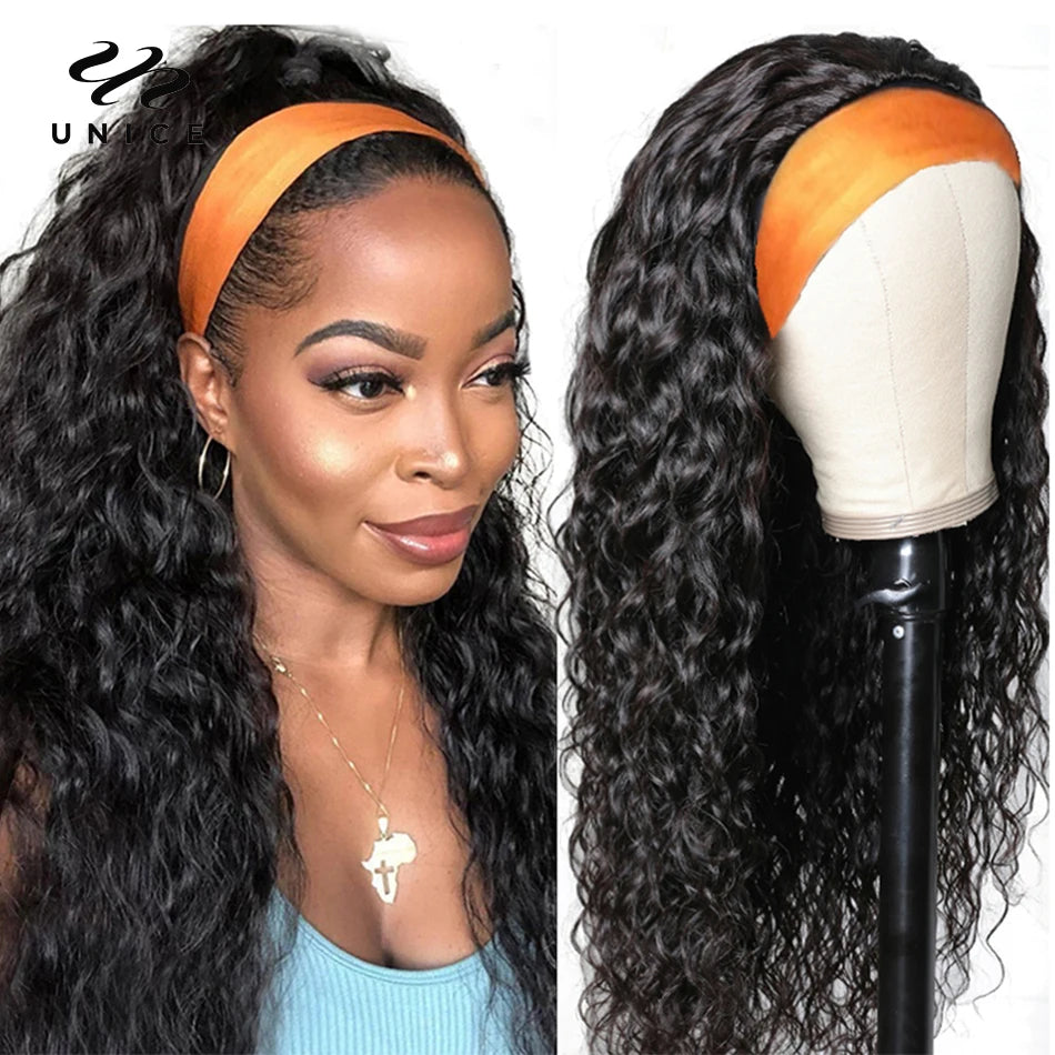 UNice Hair Water Wave Headband Wig 100% Human Hair Wigs Ready To Wear Beginner Friendly Glueless Wigs Send Free Headband Scarf