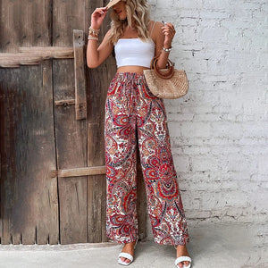 Summer Printing Wide Leg Pants for Women Straight Trouser  Fashion Elastic Waist Versatile Breathable